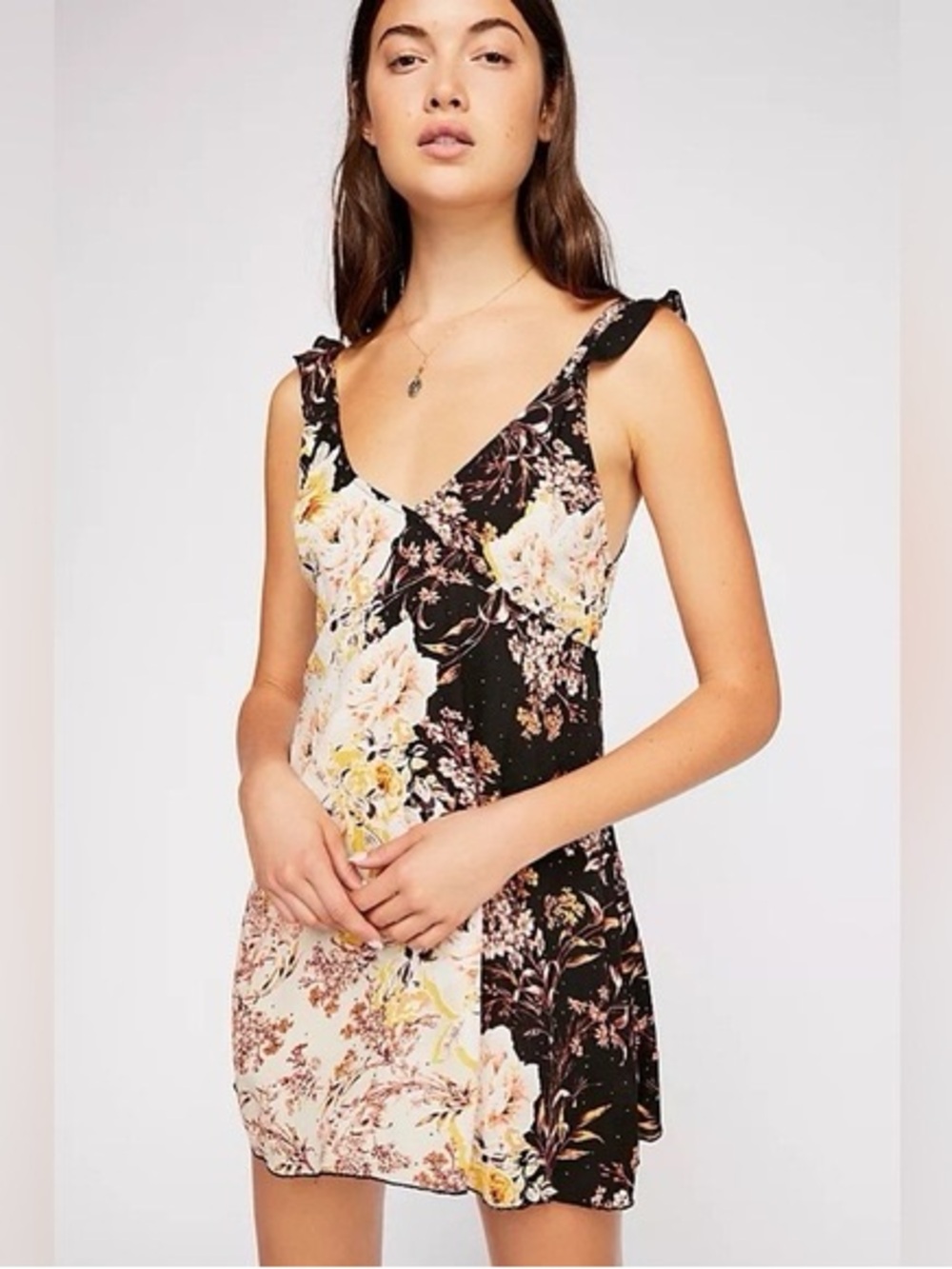 Free People Lauria Printed Slip Dress Black Floral Ruffle Strap V-Neck Mini S